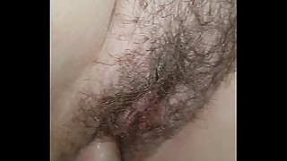 Amateur wife takes thick cock in big wet hairy pussy