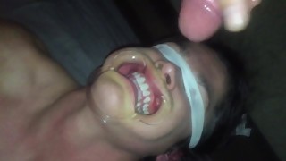Housewife throat fuck cum swallow with dental gag!